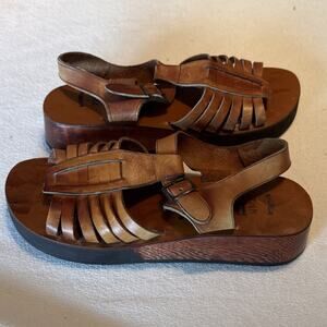 Vintage Buskens Womens Sandals Brown Leather Upper Wood Platform Buckle US 7.5